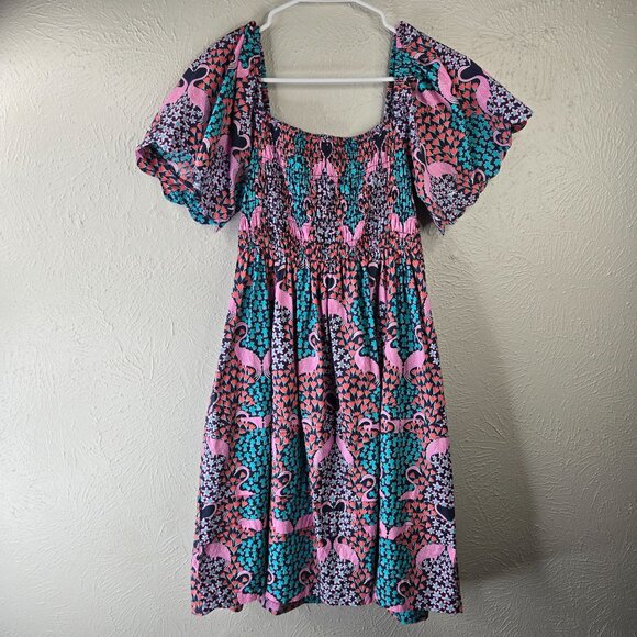 Simply Southern Dress Medium Tropical Flamingo Print Smocked BabyDoll Mini - Picture 2 of 12